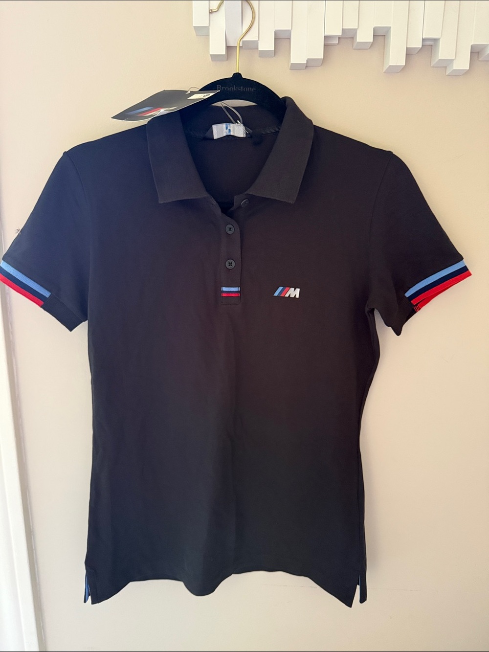 BMW Motorsports Black Women's Polo Red Blue Stripe NWT Size Small